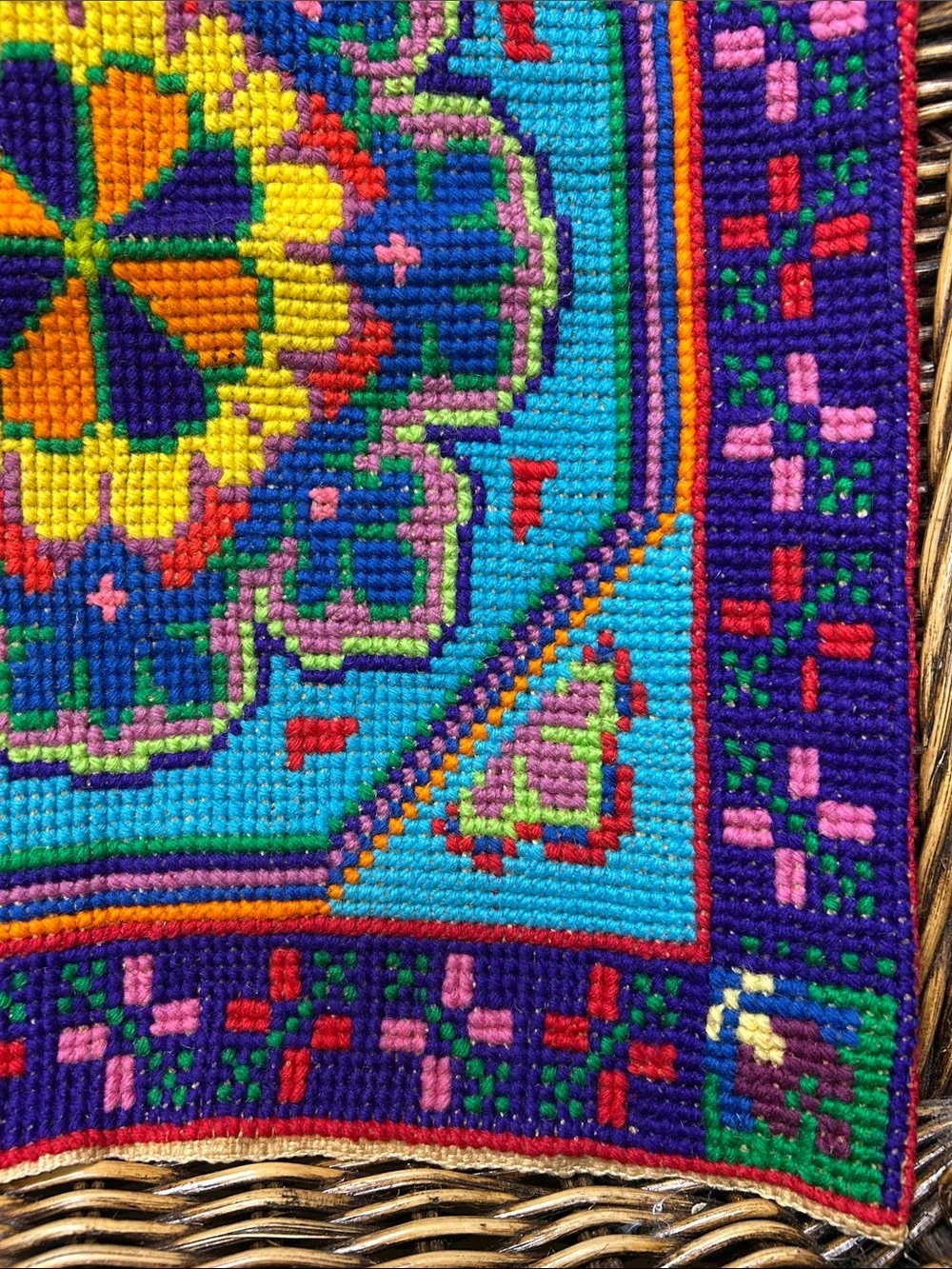 Vintage Ukrainian Multicolor Floral Needlepoint Pillowcase Turquoise, Purple